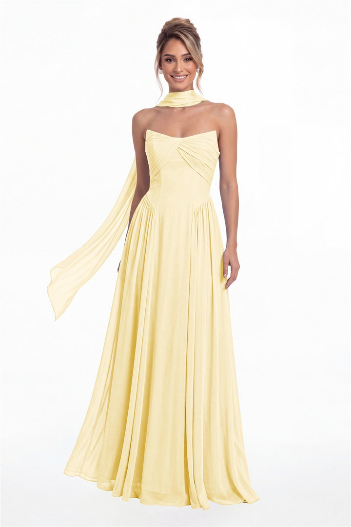 Butter Yellow Strapless Chiffon Ruched A-Line Maxi Gown - Front View