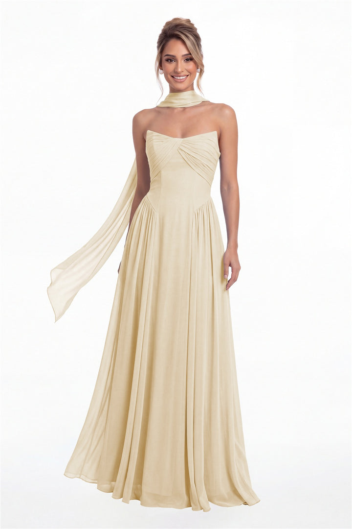 Champagne Strapless Chiffon Ruched A-Line Maxi Gown - Front View