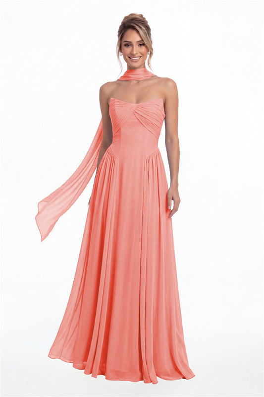Coral Strapless Chiffon Ruched A-Line Maxi Gown - Front View