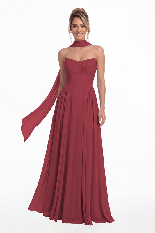 Desert Rose Strapless Chiffon Ruched A-Line Maxi Gown - Front View