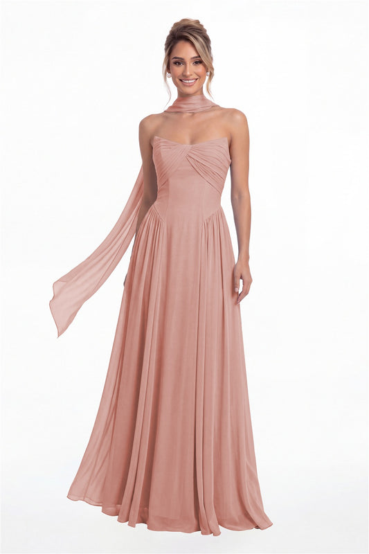 Dusty Rose Strapless Chiffon Ruched A-Line Maxi Gown - Front View