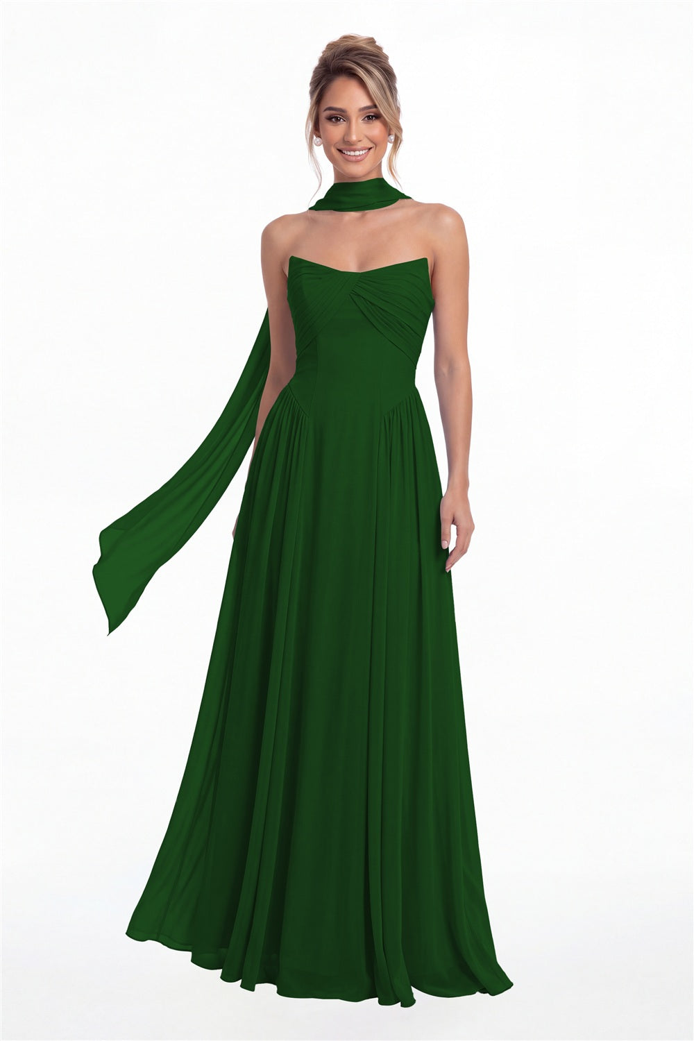 Emerald Green Strapless Chiffon Ruched A-Line Maxi Gown - Front View