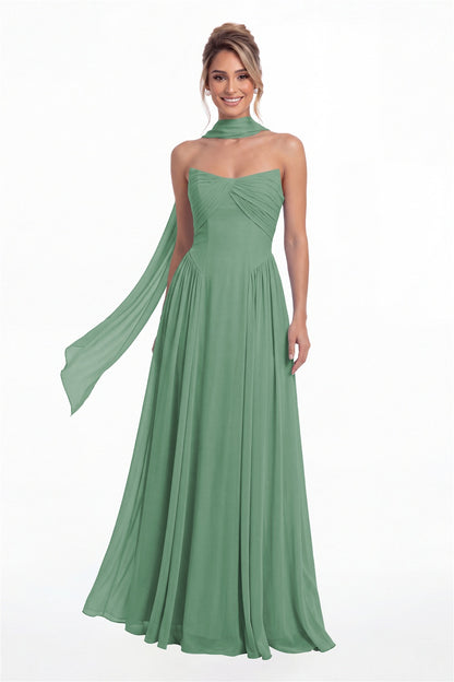 Eucalyptus Strapless Chiffon Ruched A-Line Maxi Gown - Front View