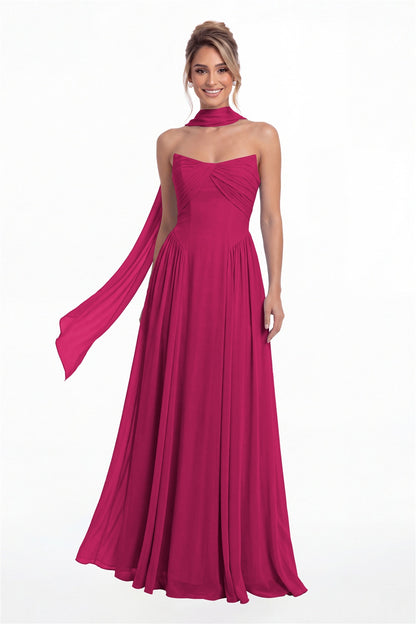 Fuchsia Strapless Chiffon Ruched A-Line Maxi Gown - Front View