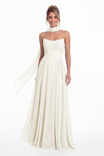 Ivory Strapless Chiffon Ruched A-Line Maxi Gown - Front View