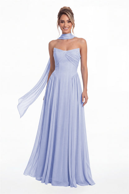 Lavender Strapless Chiffon Ruched A-Line Maxi Gown - Front View