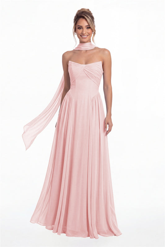 Light Pink Strapless Chiffon Ruched A-Line Maxi Gown - Front View