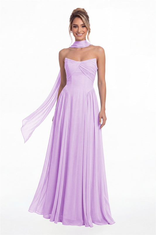 Lilac Strapless Chiffon Ruched A-Line Maxi Gown - Front View