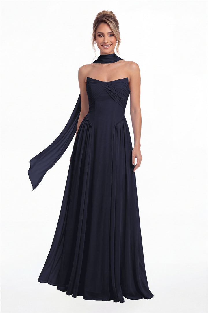 Navy Blue Strapless Chiffon Ruched A-Line Maxi Gown - Front View