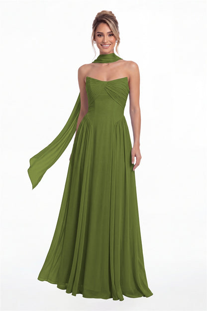 Olive Green Strapless Chiffon Ruched A-Line Maxi Gown - Front View