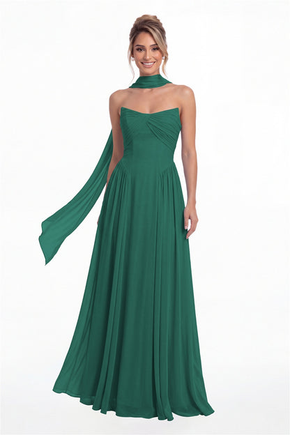 Peacock Strapless Chiffon Ruched A-Line Maxi Gown - Front View