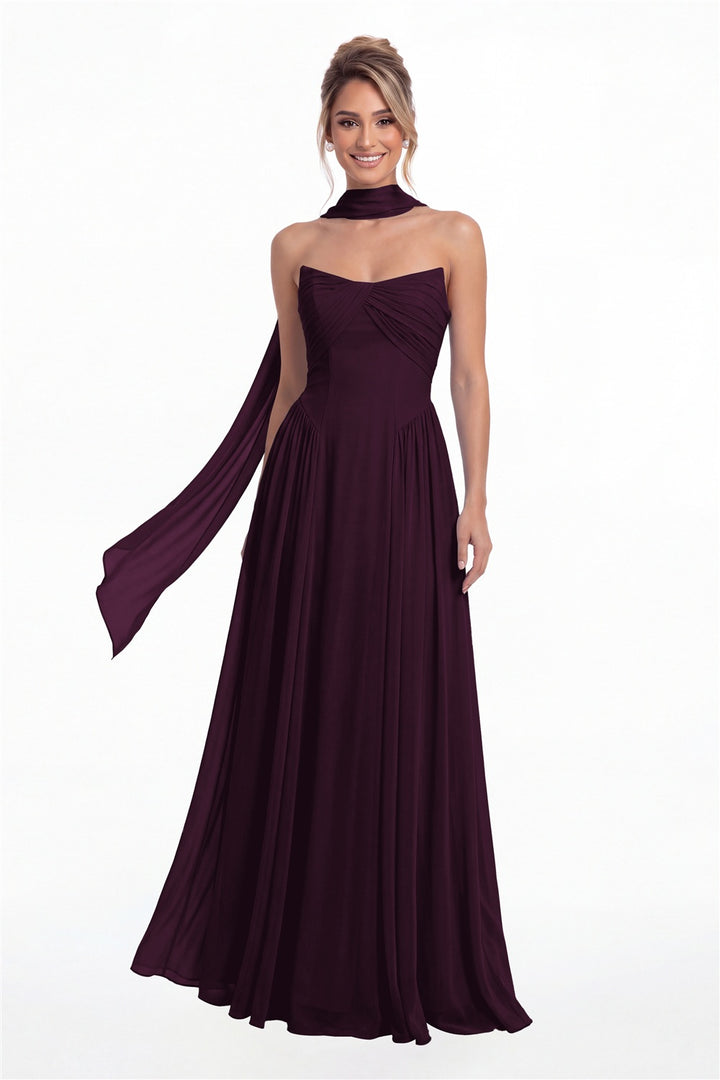 Plum Strapless Chiffon Ruched A-Line Maxi Gown - Front View