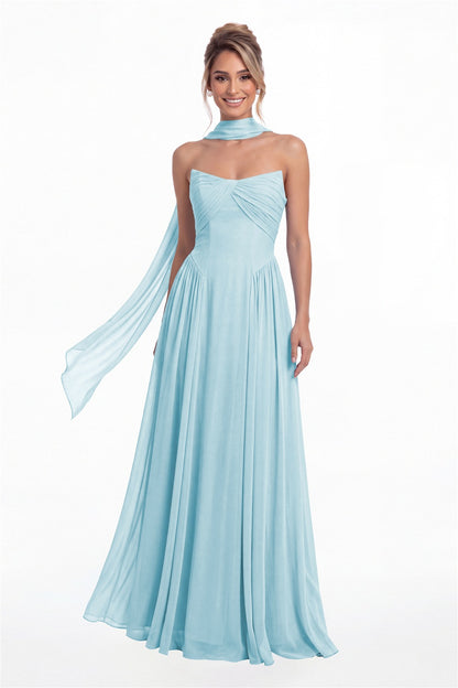 Powder Blue Strapless Chiffon Ruched A-Line Maxi Gown - Front View