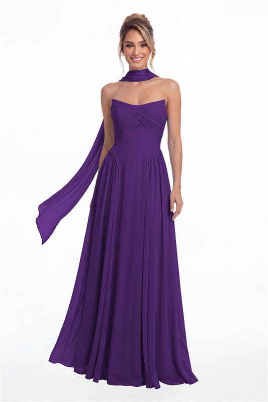 Purple Strapless Chiffon Ruched A-Line Maxi Gown - Front View