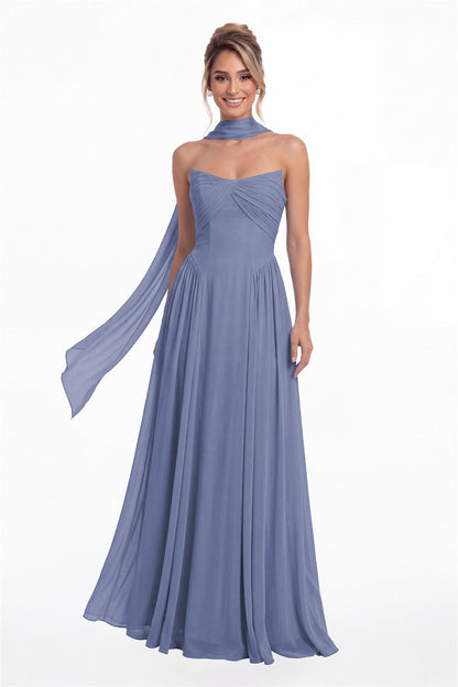 Steel Blue Strapless Chiffon Ruched A-Line Maxi Gown - Front View