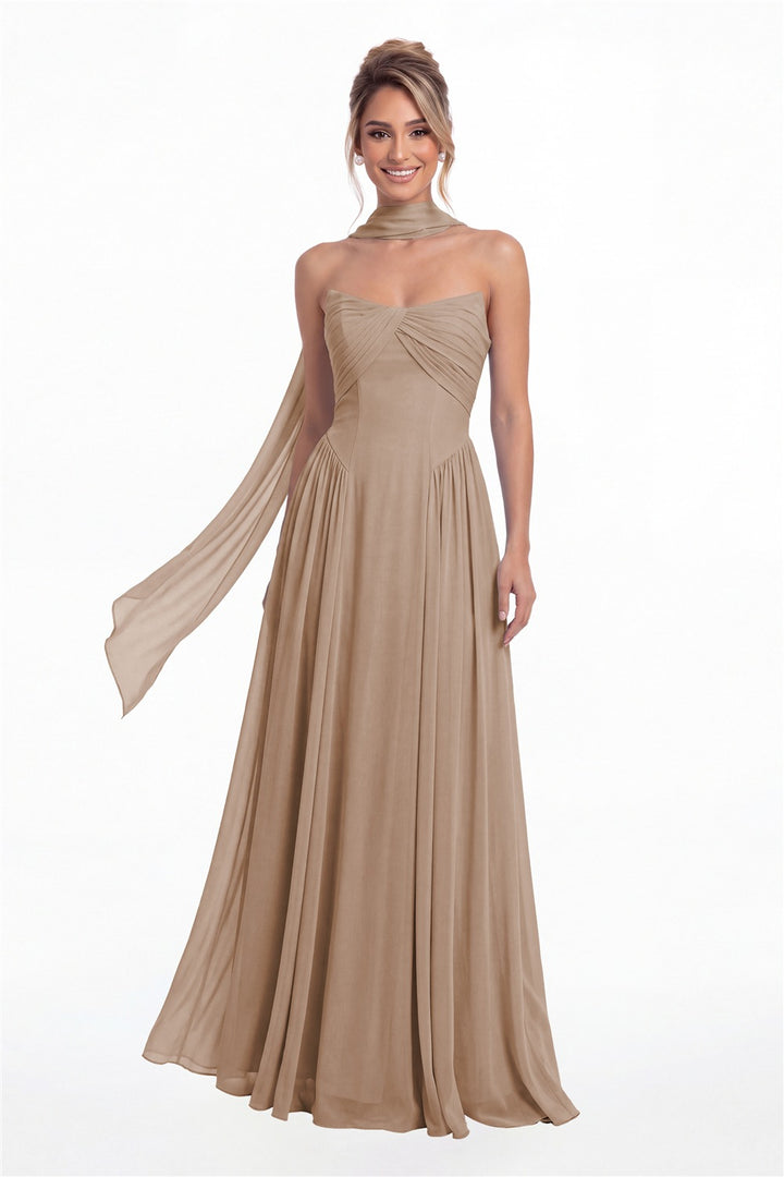 Taupe Strapless Chiffon Ruched A-Line Maxi Gown - Front View