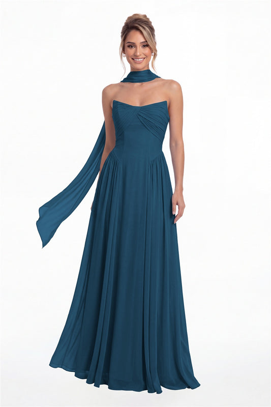 Teal Strapless Chiffon Ruched A-Line Maxi Gown - Front View