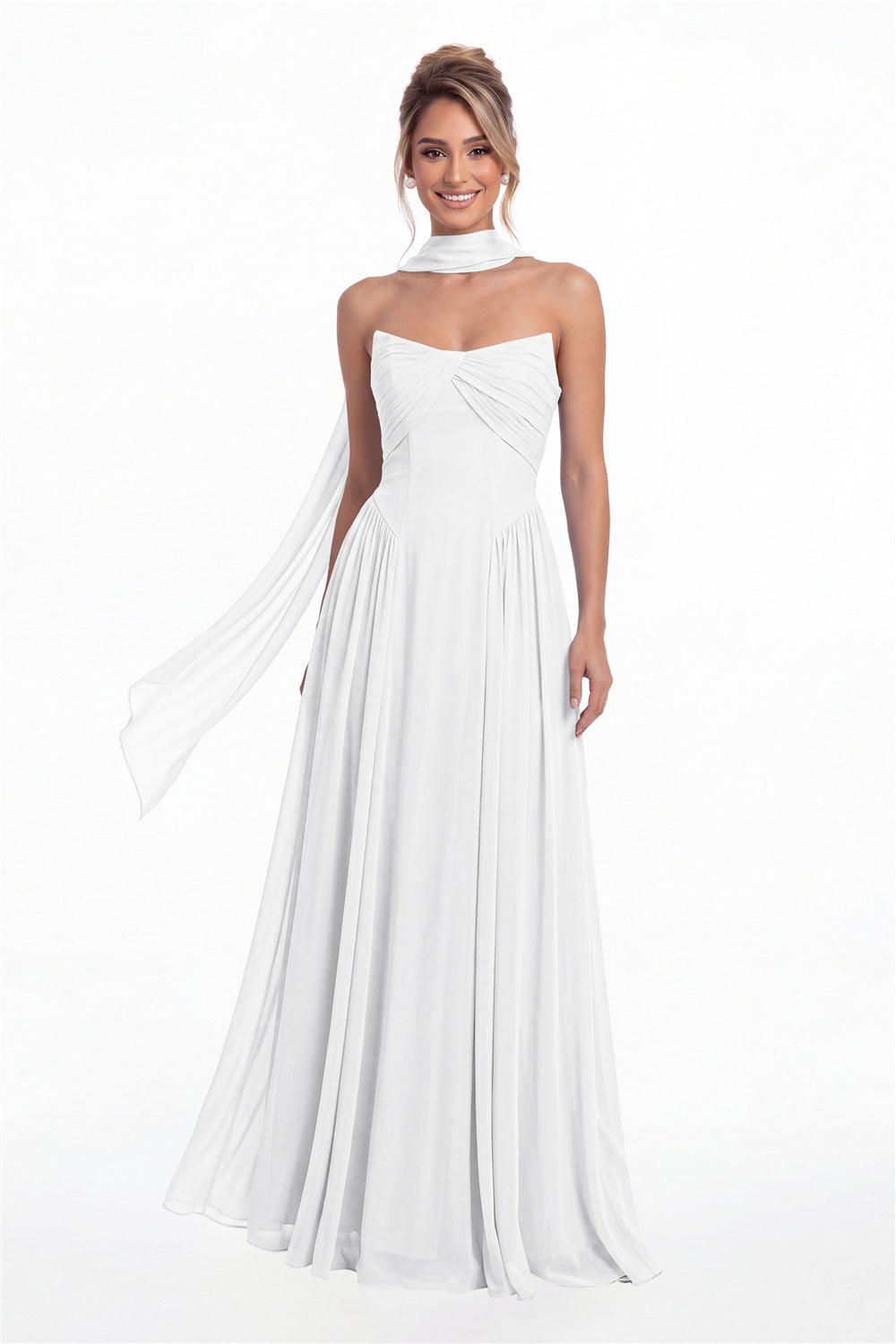 White Strapless Chiffon Ruched A-Line Maxi Gown - Front View