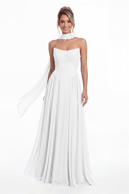White Strapless Chiffon Ruched A-Line Maxi Gown - Front View