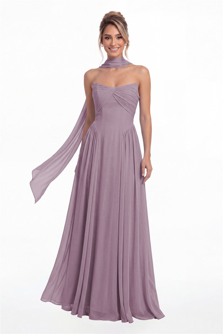 Wisteria Strapless Chiffon Ruched A-Line Maxi Gown - Front View