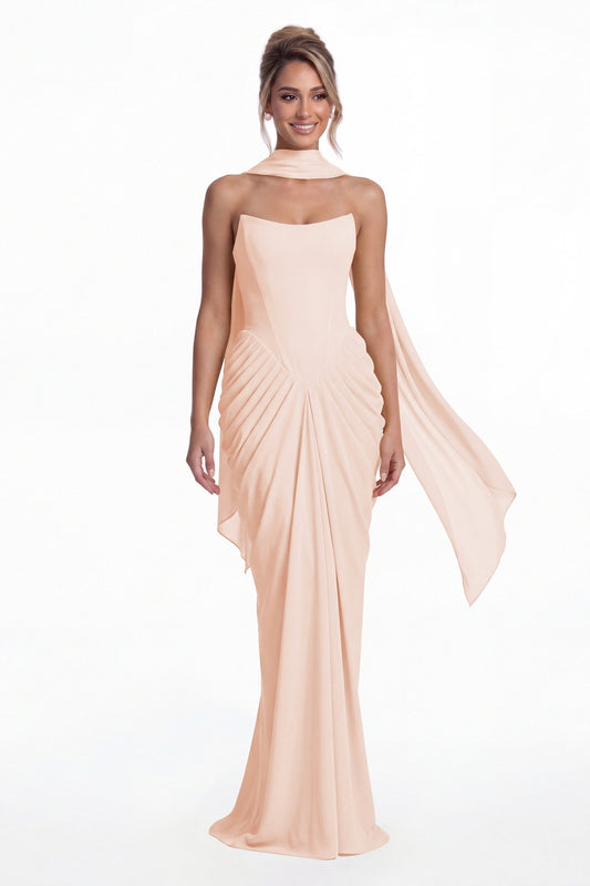 Blush Pink Strapless Chiffon Ruched Mermaid Maxi Gown - Front View