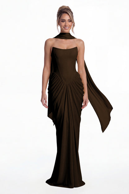 Brown Strapless Chiffon Ruched Mermaid Maxi Gown - Front View