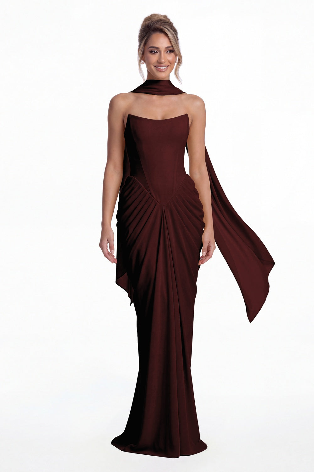 Burgundy Strapless Chiffon Ruched Mermaid Maxi Gown - Front View