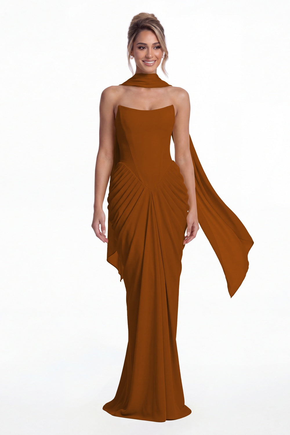 Burnt Orange Strapless Chiffon Ruched Mermaid Maxi Gown - Front View