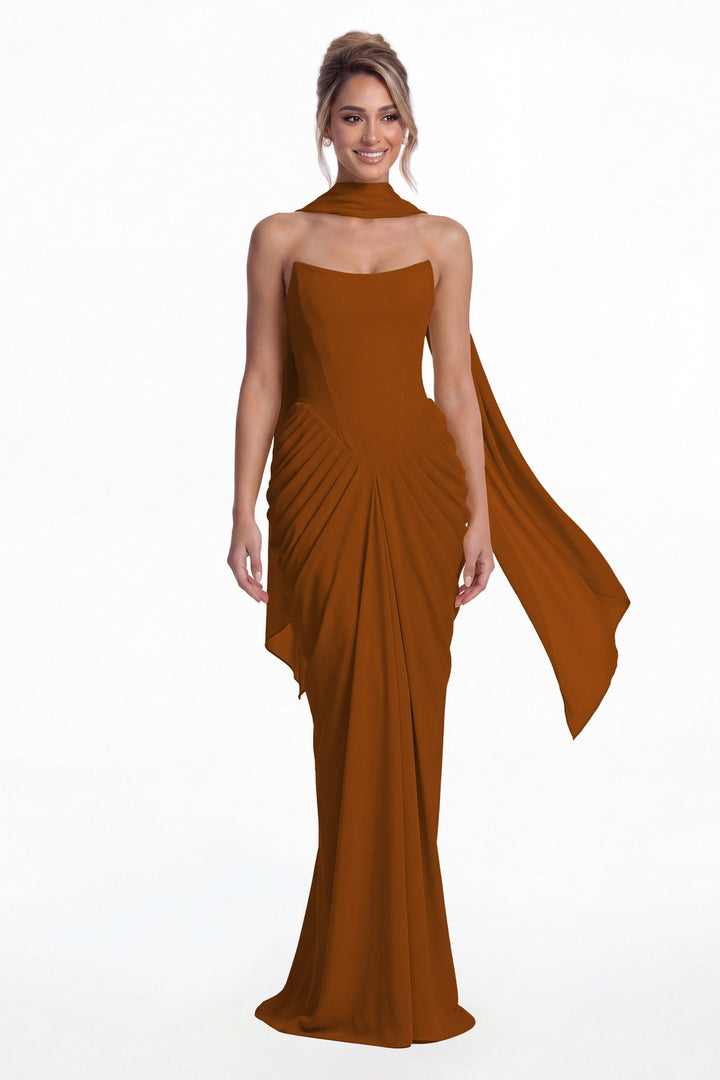 Burnt Orange Strapless Chiffon Ruched Mermaid Maxi Gown - Front View