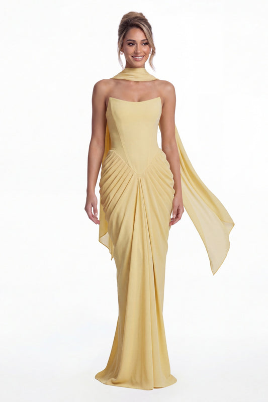 Champagne Strapless Chiffon Ruched Mermaid Maxi Gown - Front View