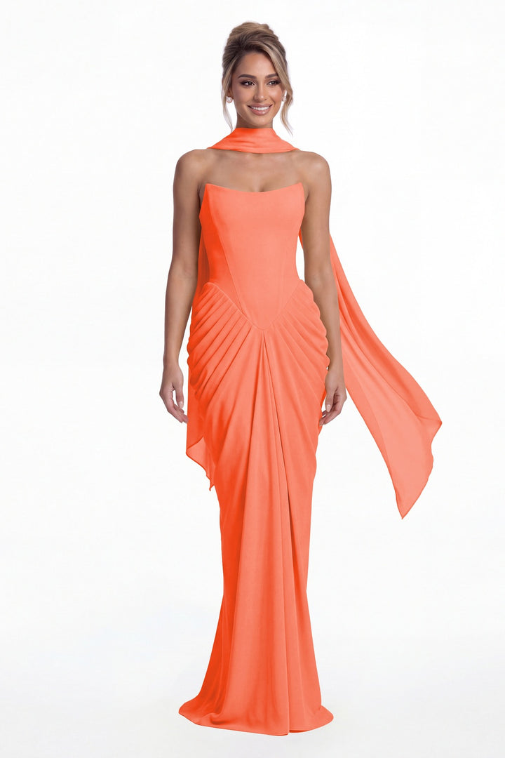 Coral Strapless Chiffon Ruched Mermaid Maxi Gown - Front View