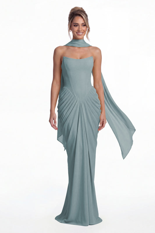 Dusty Blue Strapless Chiffon Ruched Mermaid Maxi Gown - Front View