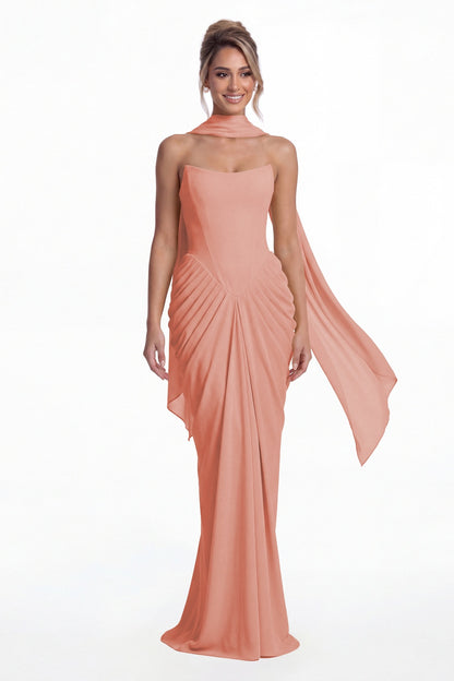 Dusty Rose Strapless Chiffon Ruched Mermaid Maxi Gown - Front View