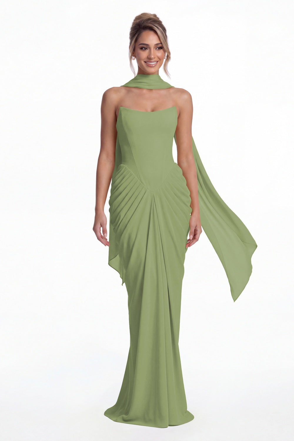 Dusty Sage Strapless Chiffon Ruched Mermaid Maxi Gown - Front View