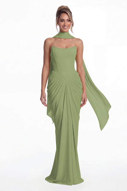 Dusty Sage Strapless Chiffon Ruched Mermaid Maxi Gown - Front View