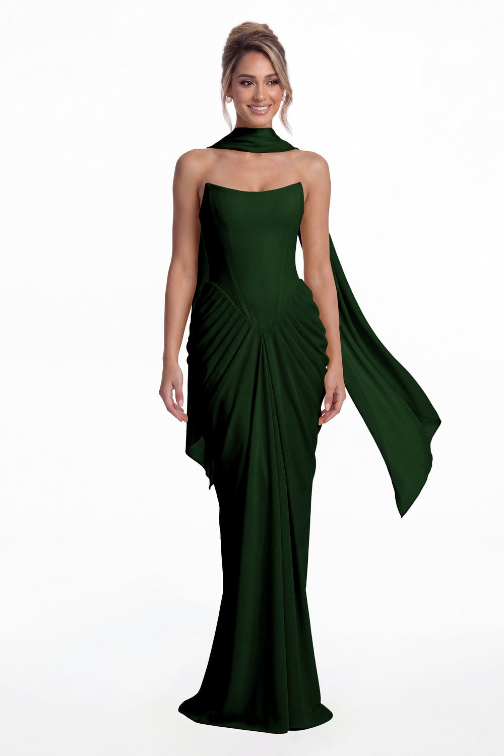 Emerald Green Strapless Chiffon Ruched Mermaid Maxi Gown - Front View