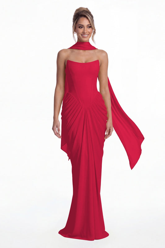 Hot Pink Strapless Chiffon Ruched Mermaid Maxi Gown - Front View