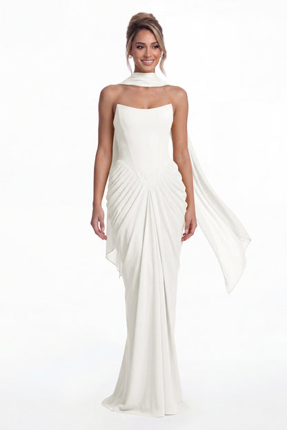 Ivory Strapless Chiffon Ruched Mermaid Maxi Gown - Front View