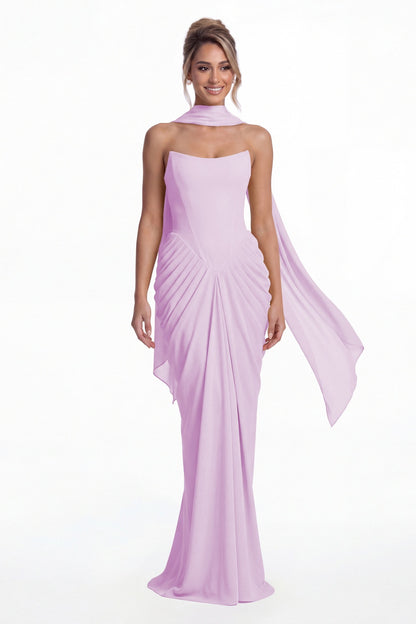 Lilac Strapless Chiffon Ruched Mermaid Maxi Gown - Front View