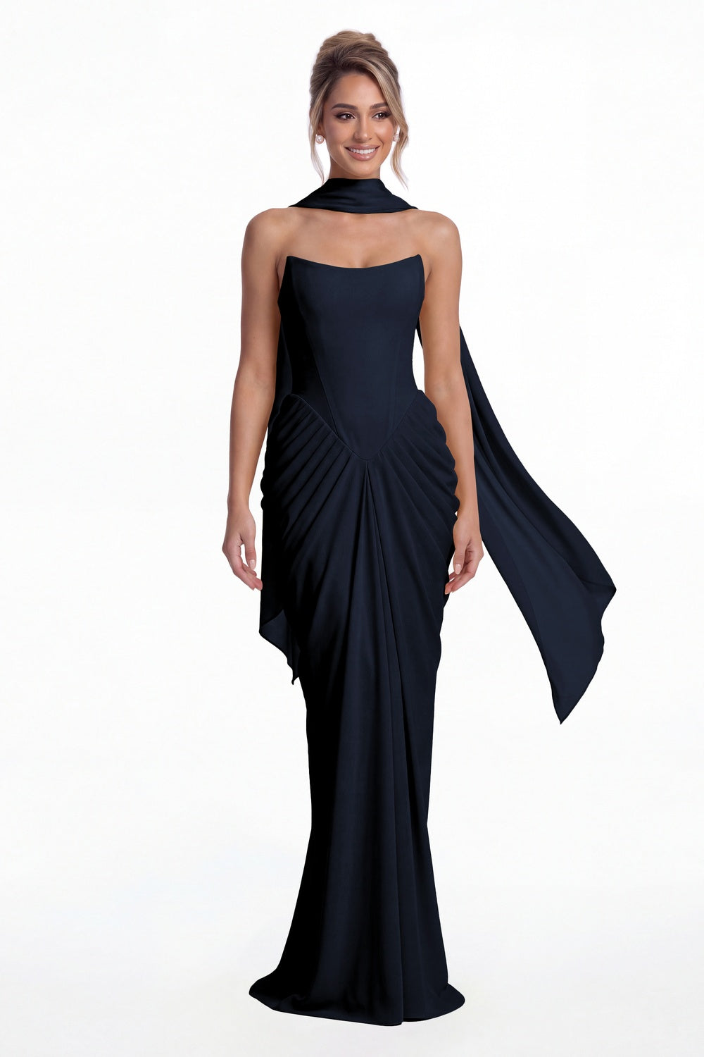 Navy Blue Strapless Chiffon Ruched Mermaid Maxi Gown - Front View