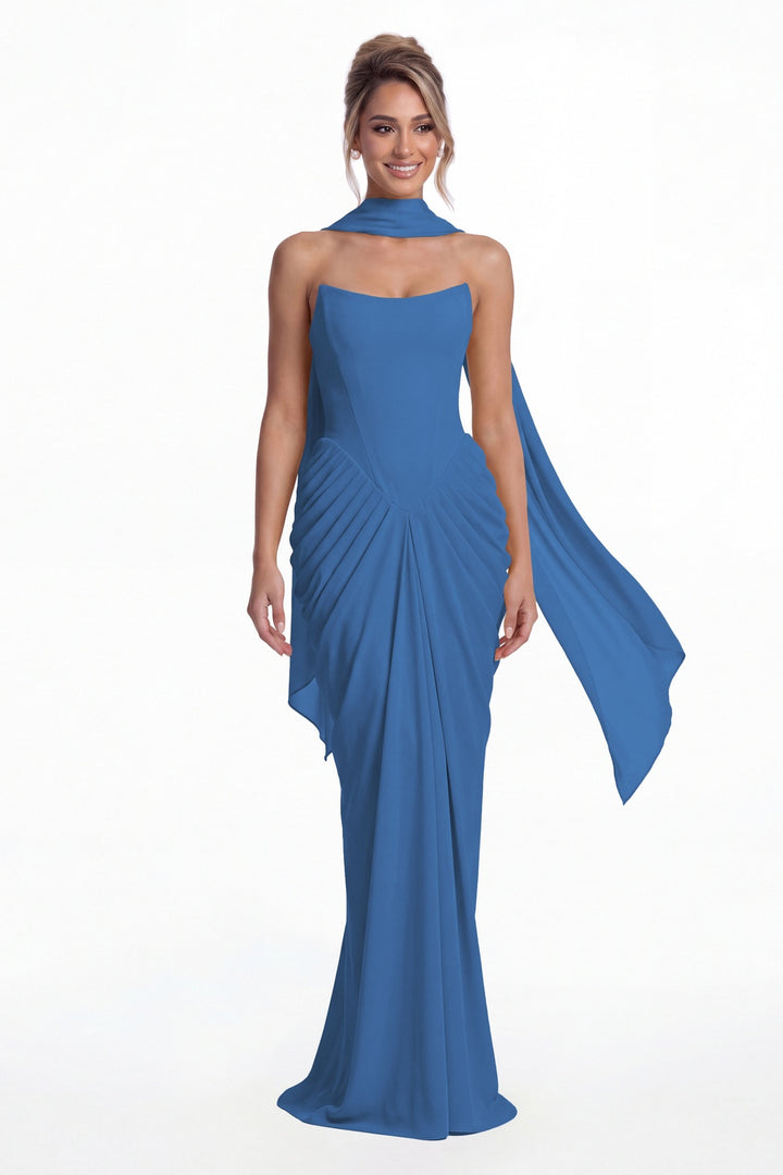 Blue Strapless Chiffon Ruched Mermaid Maxi Gown - Front View