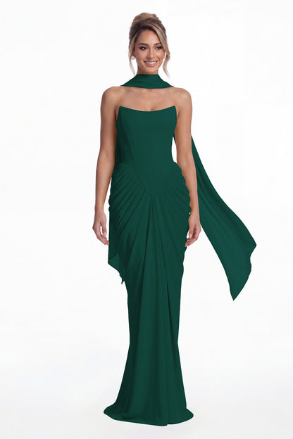 Peacock Strapless Chiffon Ruched Mermaid Maxi Gown - Front View