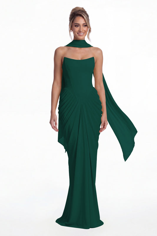 Peacock Strapless Chiffon Ruched Mermaid Maxi Gown - Front View