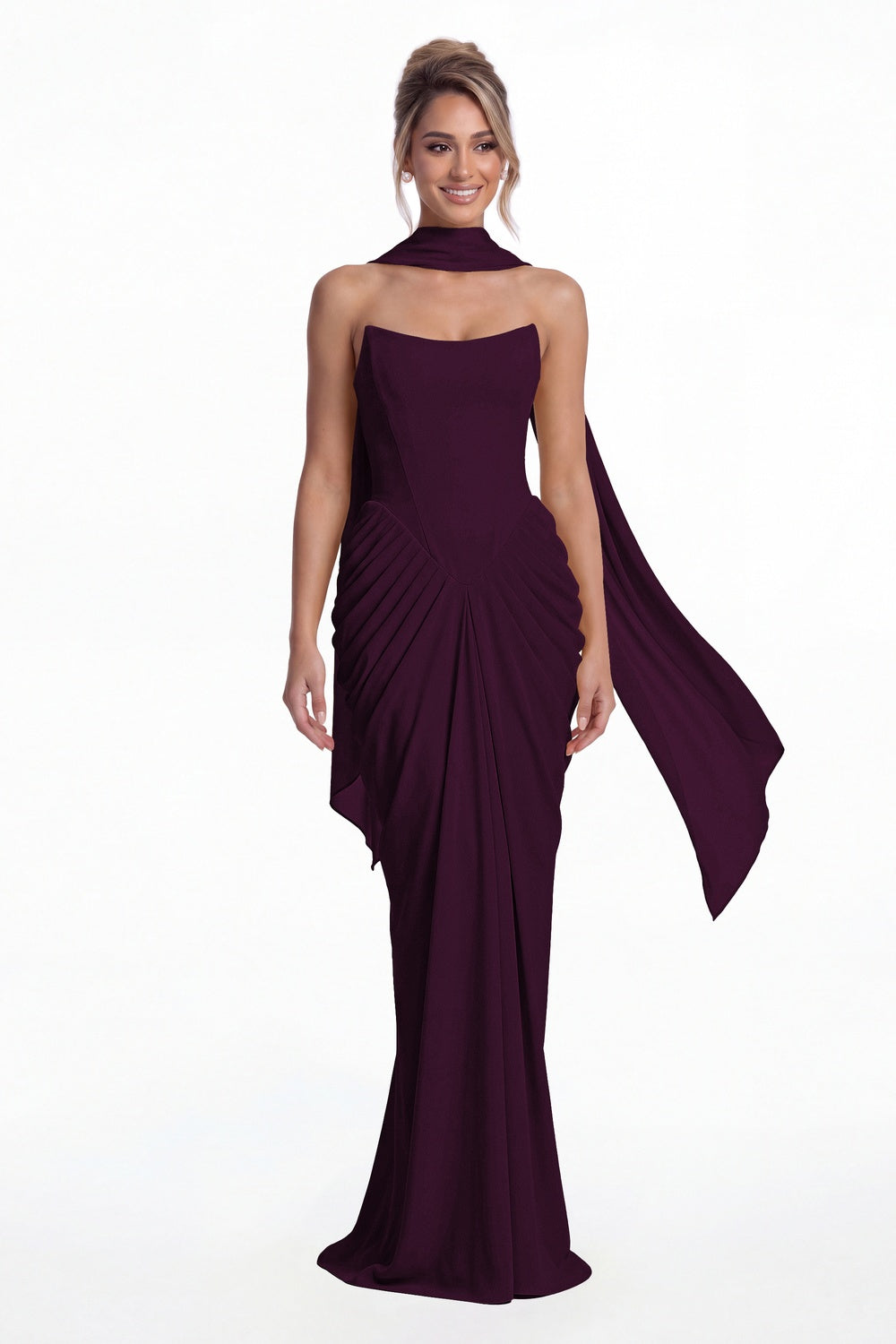 Plum Strapless Chiffon Ruched Mermaid Maxi Gown - Front View