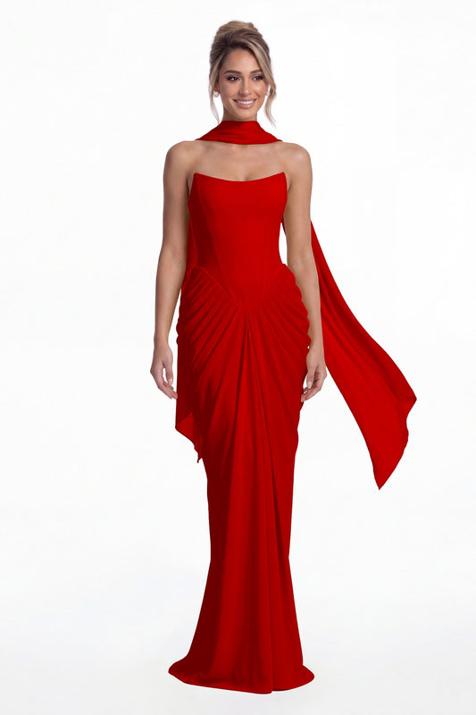 Red Strapless Chiffon Ruched Mermaid Maxi Gown - Front View