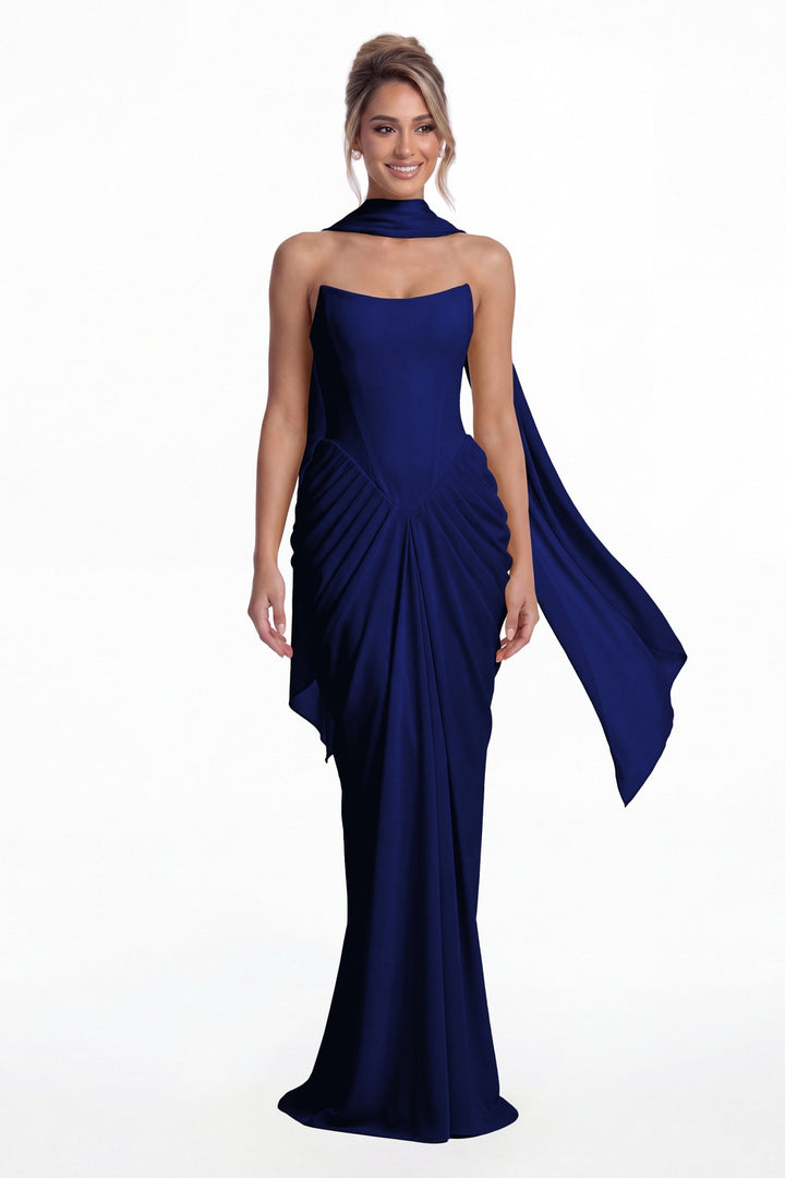 Royal Blue Strapless Chiffon Ruched Mermaid Maxi Gown - Front View