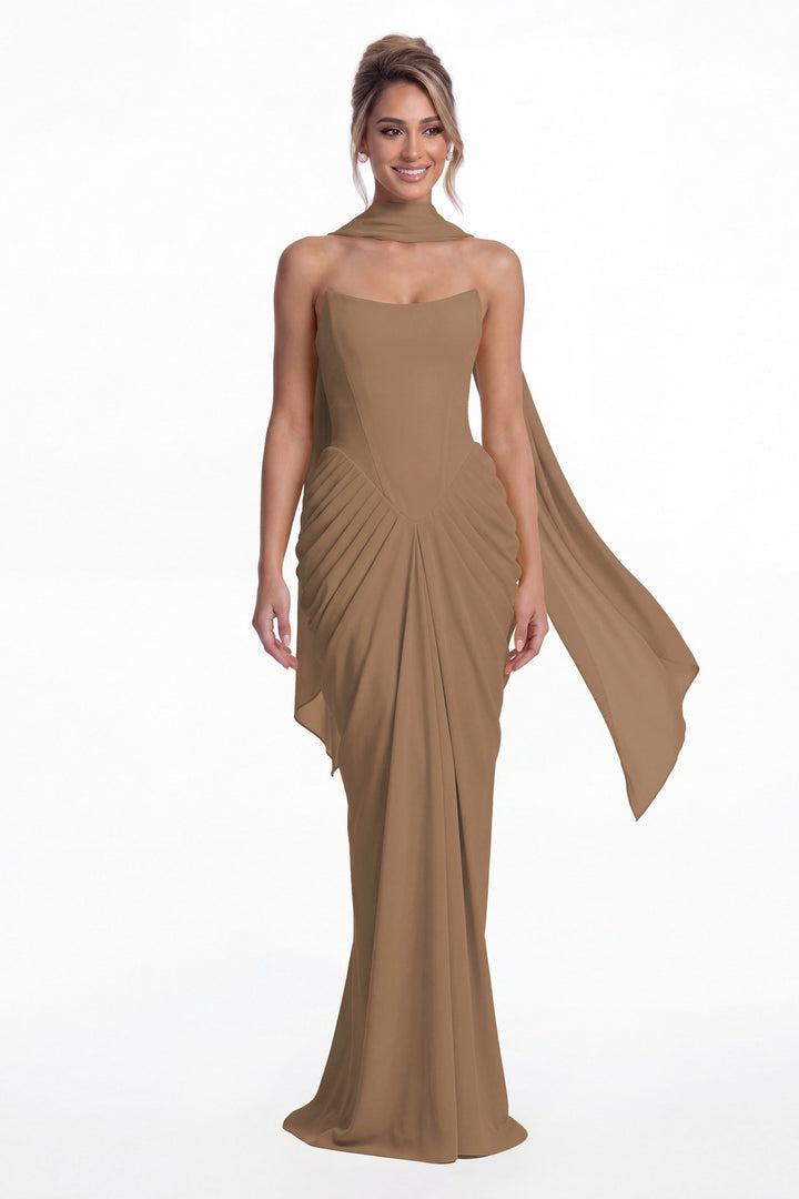 Taupe Strapless Chiffon Ruched Mermaid Maxi Gown - Front View