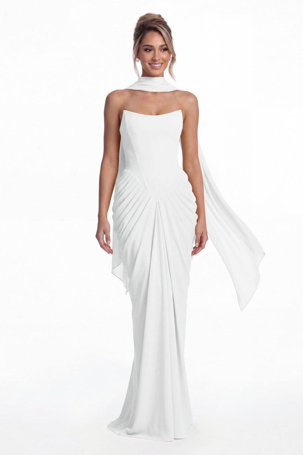 White Strapless Chiffon Ruched Mermaid Maxi Gown - Front View