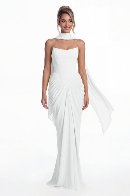 White Strapless Chiffon Ruched Mermaid Maxi Gown - Front View