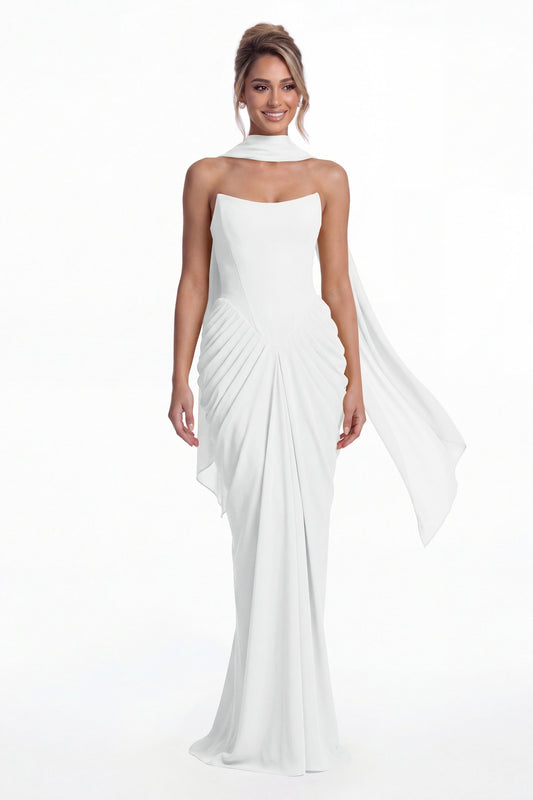 White Strapless Chiffon Ruched Mermaid Maxi Gown - Front View